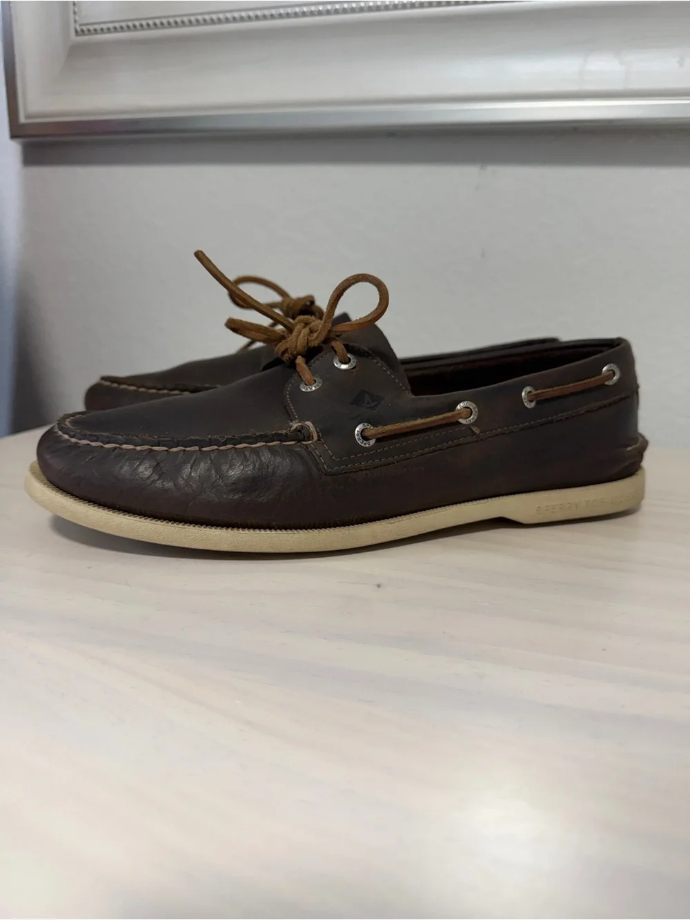 Sperry Dark Brown Leather Boat Shoes with Tan Laces